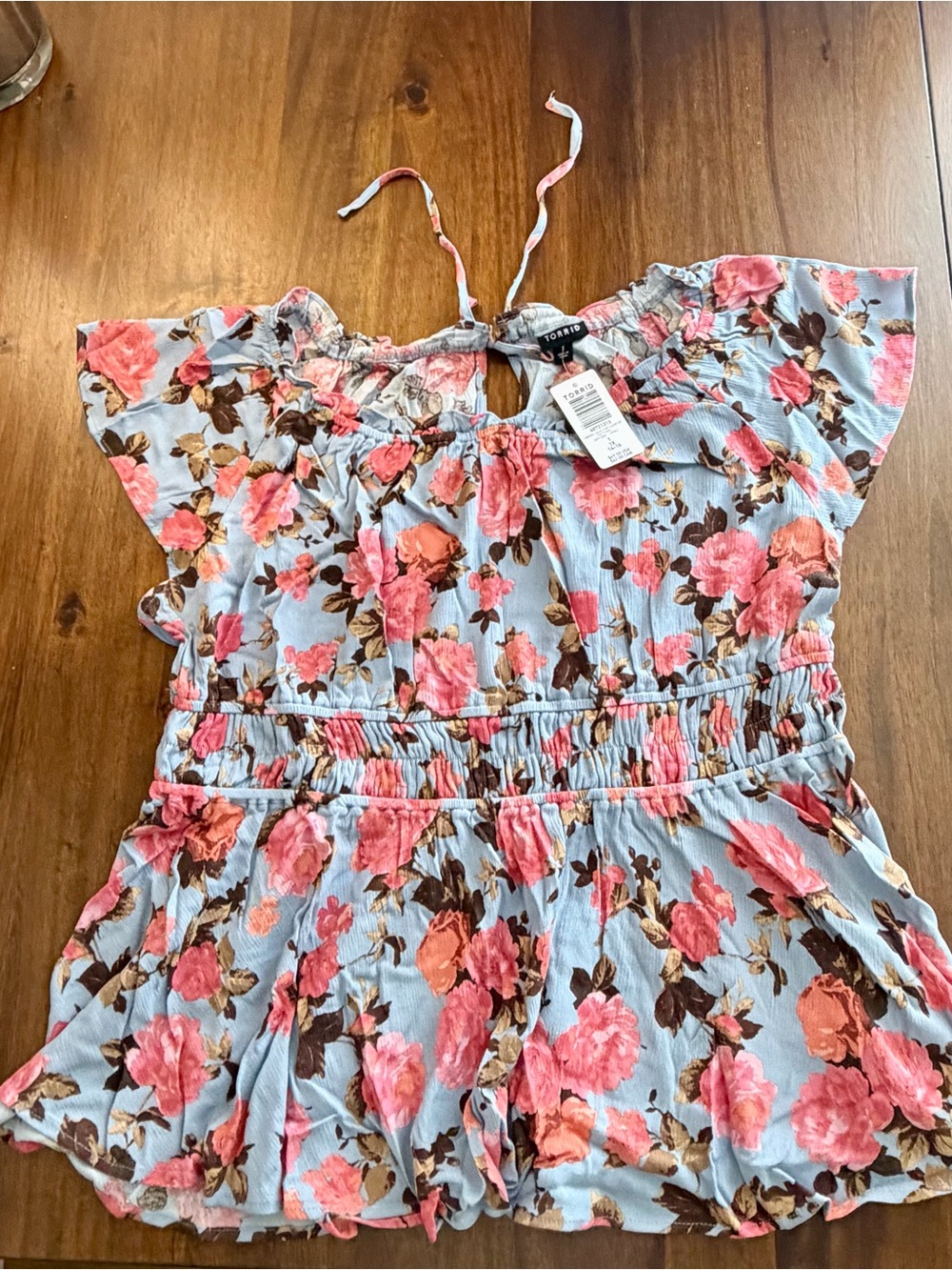 Torrid Floral Light Blue Top with Pink Rose Print